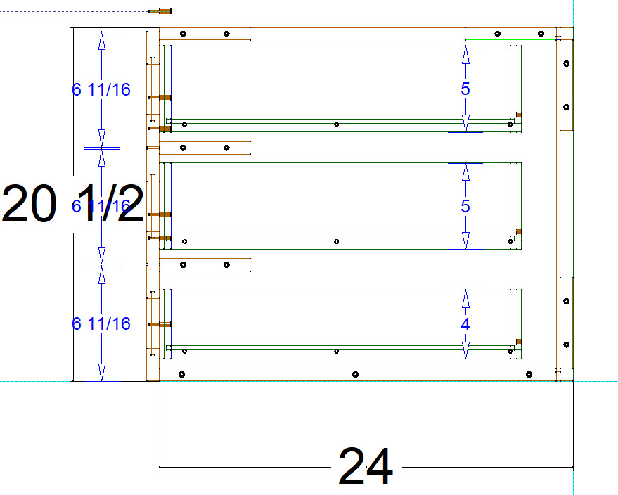 3 drawer base side view with equal height fronts