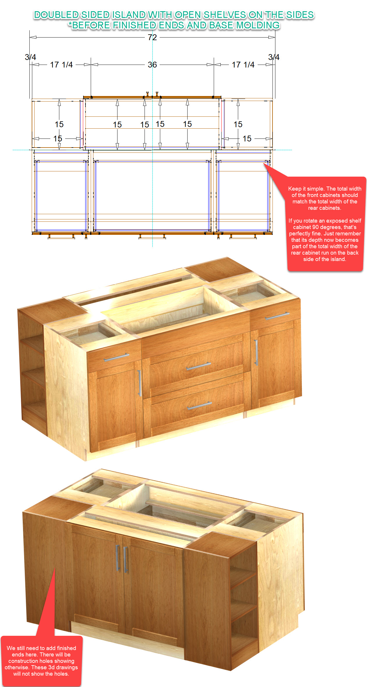 3 RTA CABINET TUTORIAL OF AN ISLAND WITH EXPOSED SHELVES ON THE SIDES WITHOUT THE FINISHED ENDS AND THE BASE BOARD OPTIONAL BASE MOLDING